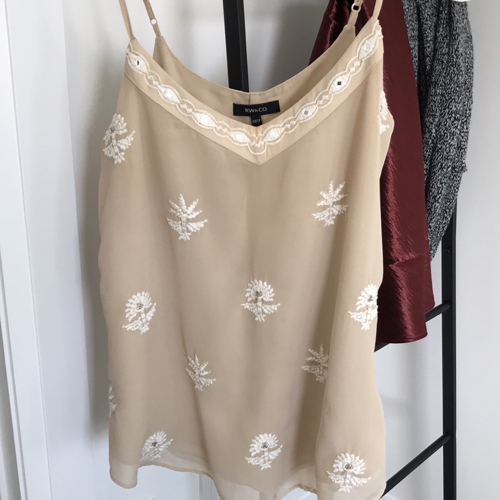 Embroidered Beaded Cream Tank Top Blouse Cami